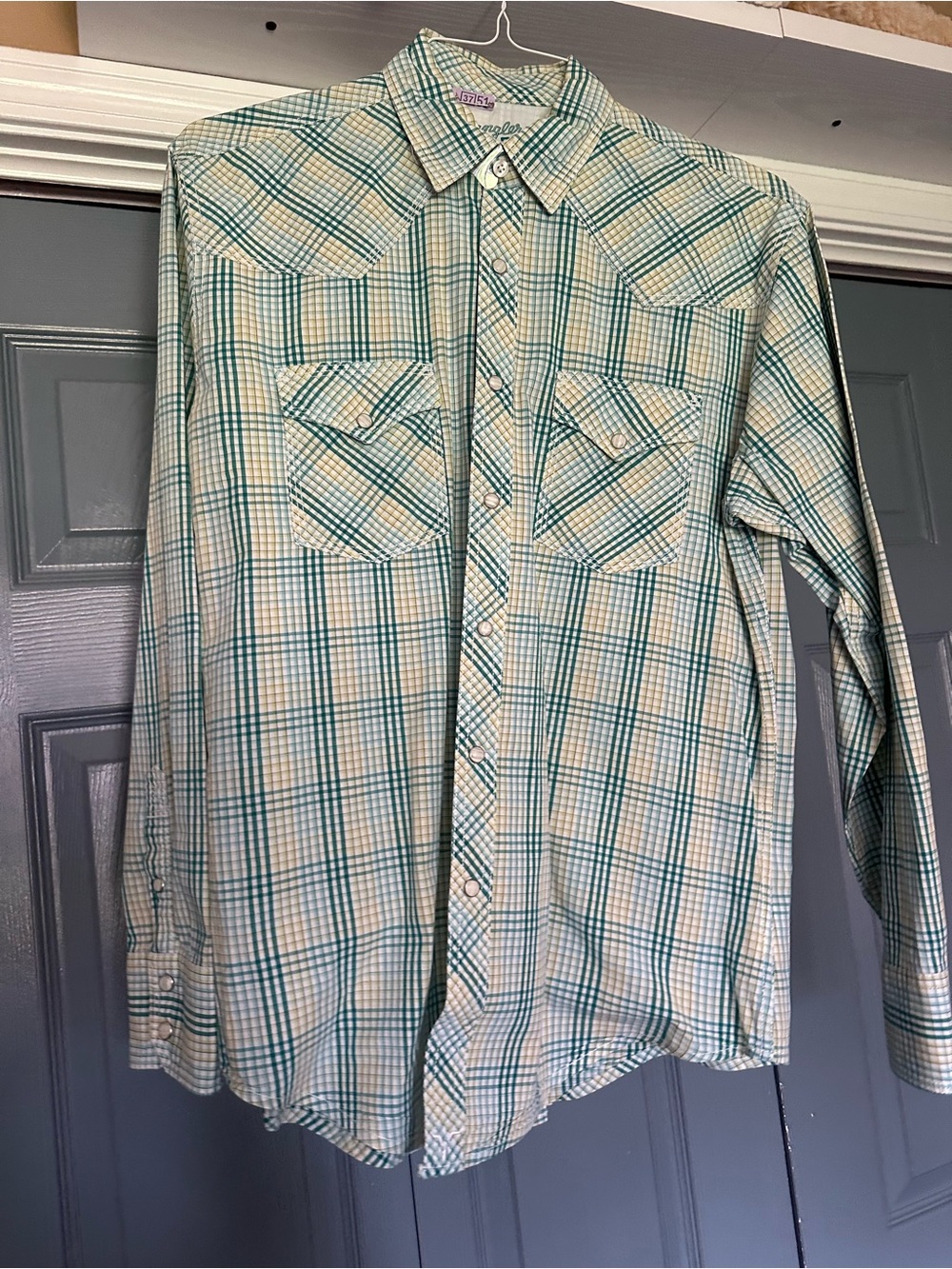 Wrangler Teal and Cream Plaid Western Button-Down Shirt